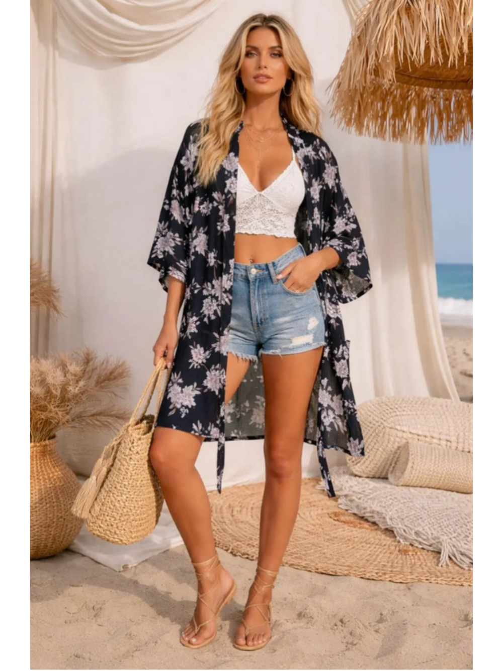 SPIRITUAL GANGSTER Kimono Cardigan BLACK FLORAL LOGO Boho Beach WOMENS S M L